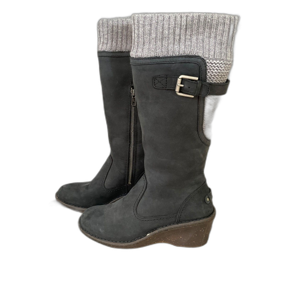 Ugg Skyfall Boots Women's Size 6 black gray leather wool  /sock Buckle wedge